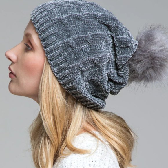Dark Gray Chenille Cable Knit Beanie - Picture 1 of 2
